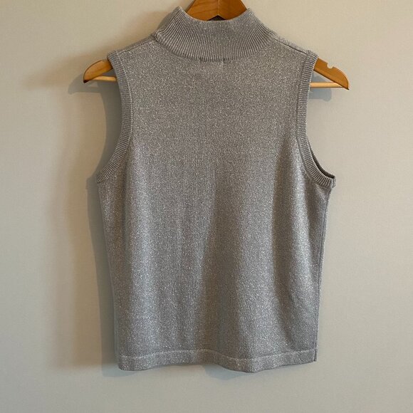 Vintage 90s Sparkling Knit Turtleneck Sleeveless Sweater Grey/Silver Metallic - Picture 7 of 8